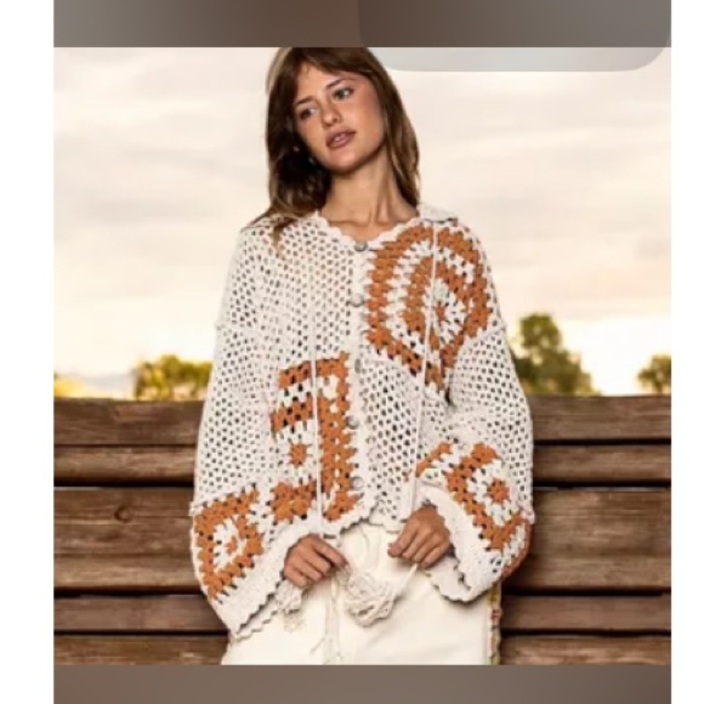 POL Chenille Crochet Cardigan Hoodie Size Large